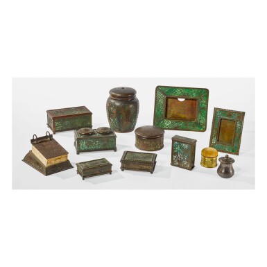 View full screen - View 1 of Lot 8. TIFFANY STUDIOS | ELEVEN-PIECE “PINE NEEDLE” DESK SET.
