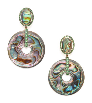 View full screen - View 1 of Lot 71. PAIR OF ABALONE SHELL AND TSAVORITE GARNET 'INNATE' EARCLIPS, GOSHWARA.