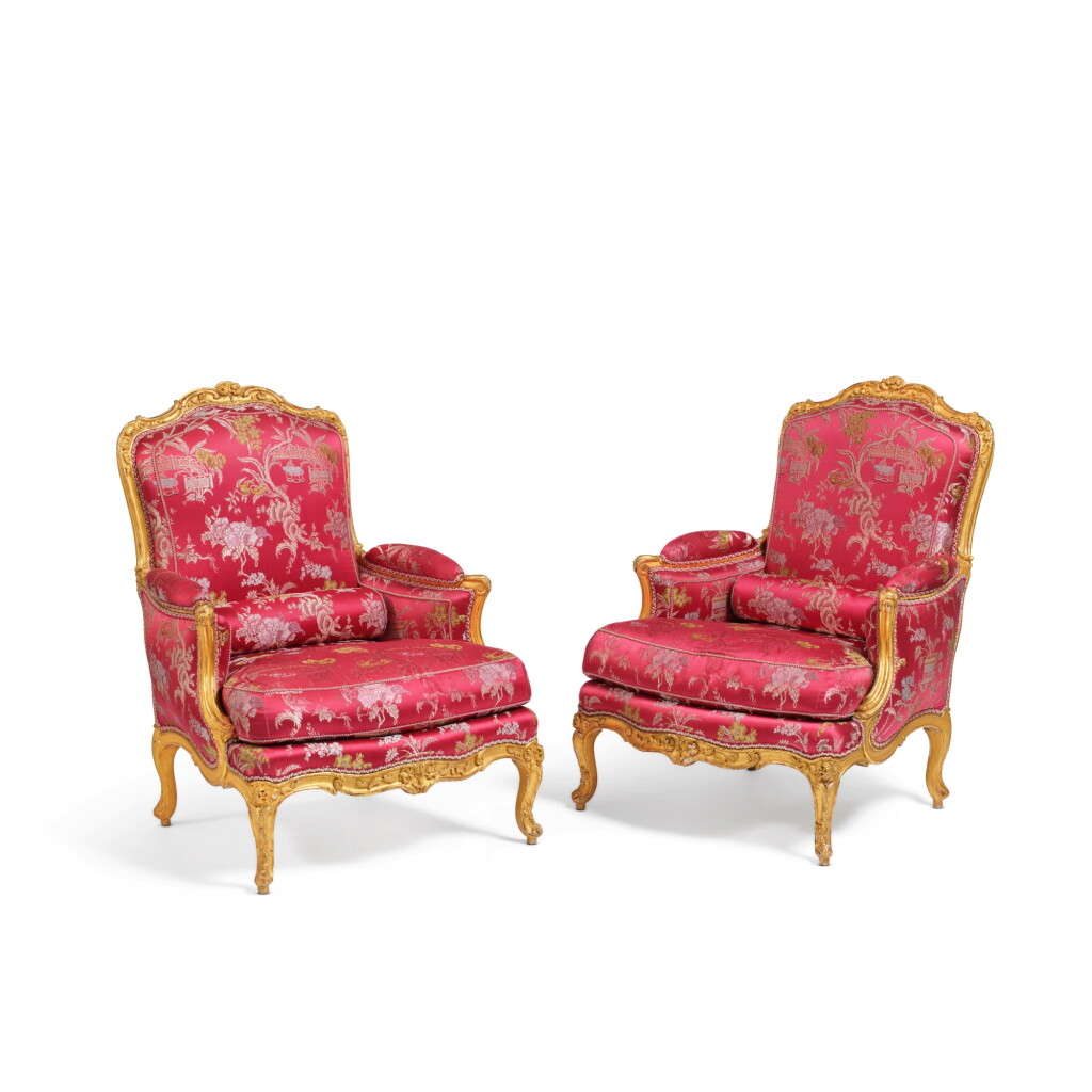 View full screen - View 1 of Lot 623. A pair of Louis XV giltwood bergères, circa 1750, stamped Claude I Sené.
