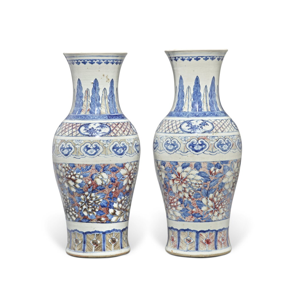View full screen - View 1 of Lot 28. A pair of large copper-red and underglaze-blue 'peony' vases, Late Qing dynasty.