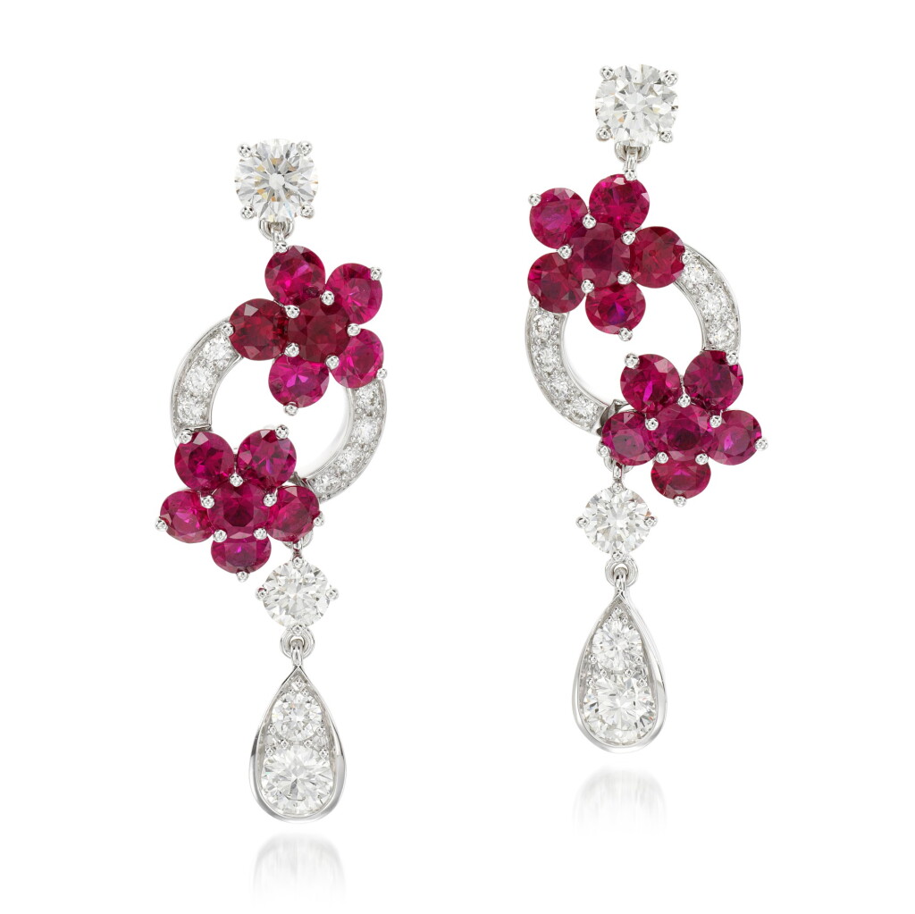 View full screen - View 1 of Lot 49. Pair of ruby and diamond earrings.