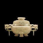 A carved and reticulated jadeite 'floral' tripod incense burner and cover, Late Qing dynasty – early Republican period | 晚清至民國初 翠玉雕花卉紋雙花活環耳熏爐