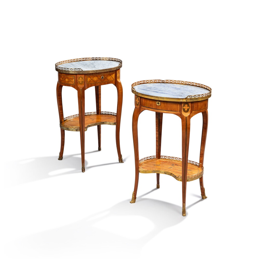 View full screen - View 1 of Lot 279. A set of two Louis XV gilt-bronze mounted tulipwood and holly writing table, circa 1770, stamped by Jean-Pierre Dusautoy.