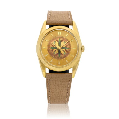 View full screen - View 1 of Lot 8070. Reference 580 | A yellow gold wristwatch with cloisonné enamel dial, Made in 1953 | 萬國 | 型號580 | 黃金腕錶,備掐絲琺瑯錶盤,1953年製.