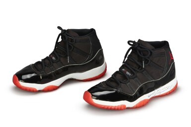 View full screen - View 1 of Lot 17. Michael Jordan Playoff Game Worn and Dual Signed ‘Player Sample’ Air Jordan 11 ‘Bred’ | Size 13.5.