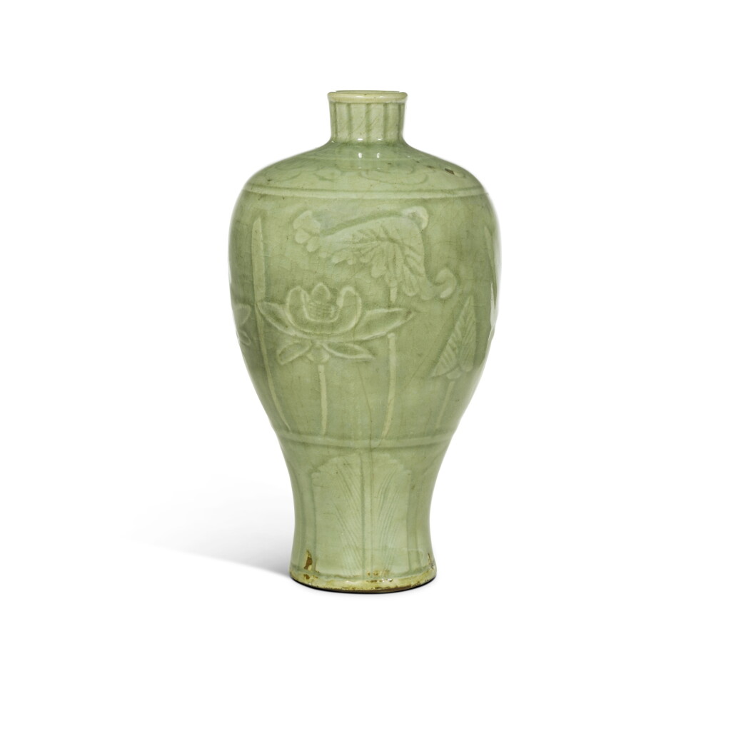 View full screen - View 1 of Lot 24. A rare carved ‘Longquan’ celadon-glazed ‘lotus pond’ meiping, Ming dynasty.