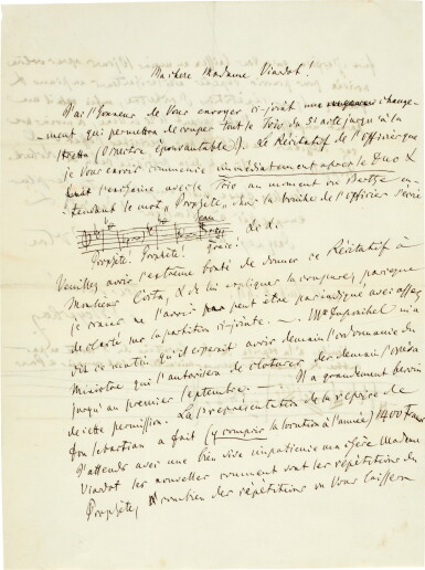 View full screen - View 1 of Lot 56. G. Meyerbeer. Fine autograph letter to Pauline Viardot about "Le Prophète", with two musical examples, 11 July 1849.