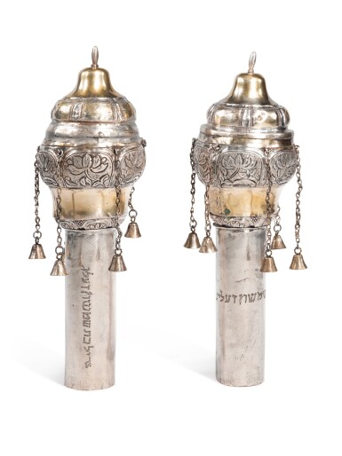 View full screen - View 1 of Lot 142. A PAIR OF PARCEL-GILT SILVER TORAH FINIALS, MIDDLE EASTERN OR POSSIBLY CAUCASIAN, THIRD QUARTER 19TH CENTURY.