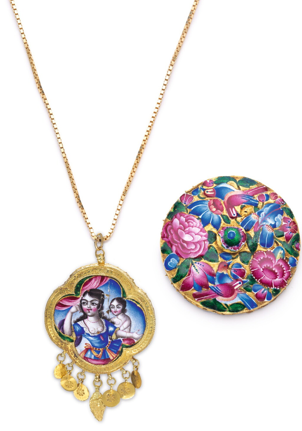 View full screen - View 1 of Lot 307. TWO QAJAR GOLD AND ENAMELLED JEWELLERY ELEMENTS, PERSIA, 19TH CENTURY.