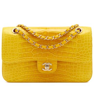 View full screen - View 1 of Lot 44. Saffron Yellow Shiny Alligator Old Medium Classic Double Flap Gold Hardware, 2013.