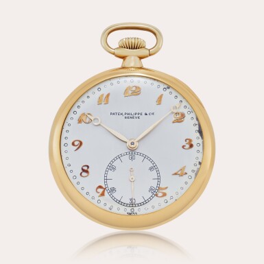 View full screen - View 1 of Lot 410. A yellow gold open-faced keyless watch with Guillaume balance, Awarded first prize at the Geneva Astronomical Timing Contest of 1931, Mvt. 824441, Case 418602, Made in 1929 and Sold in 1943.