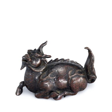 View full screen - View 1 of Lot 378. A bronze 'qilin' water dropper, Song - Yuan dynasty 宋至元 銅麒麟硯滴.
