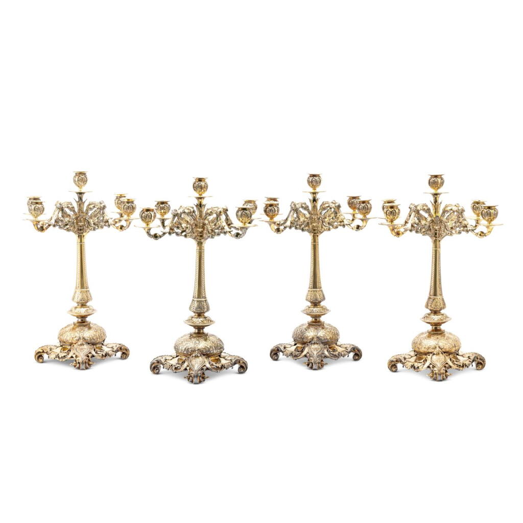 View full screen - View 1 of Lot 43. A Set of Four Victorian Silver-Gilt Candelabra, Robert Roskell, Allan Roskell and John Mortimer Hunt, London, 1882.