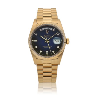 View full screen - View 1 of Lot 71. Day-Date, Ref. 18038, Yellow gold and diamond-set wristwatch with day, date and bracelet Circa 1988 | 勞力士 | 18038型號「Day-Date」黃金鑲鑽石鍊帶腕錶備星期及日期顯示,約1988年製.