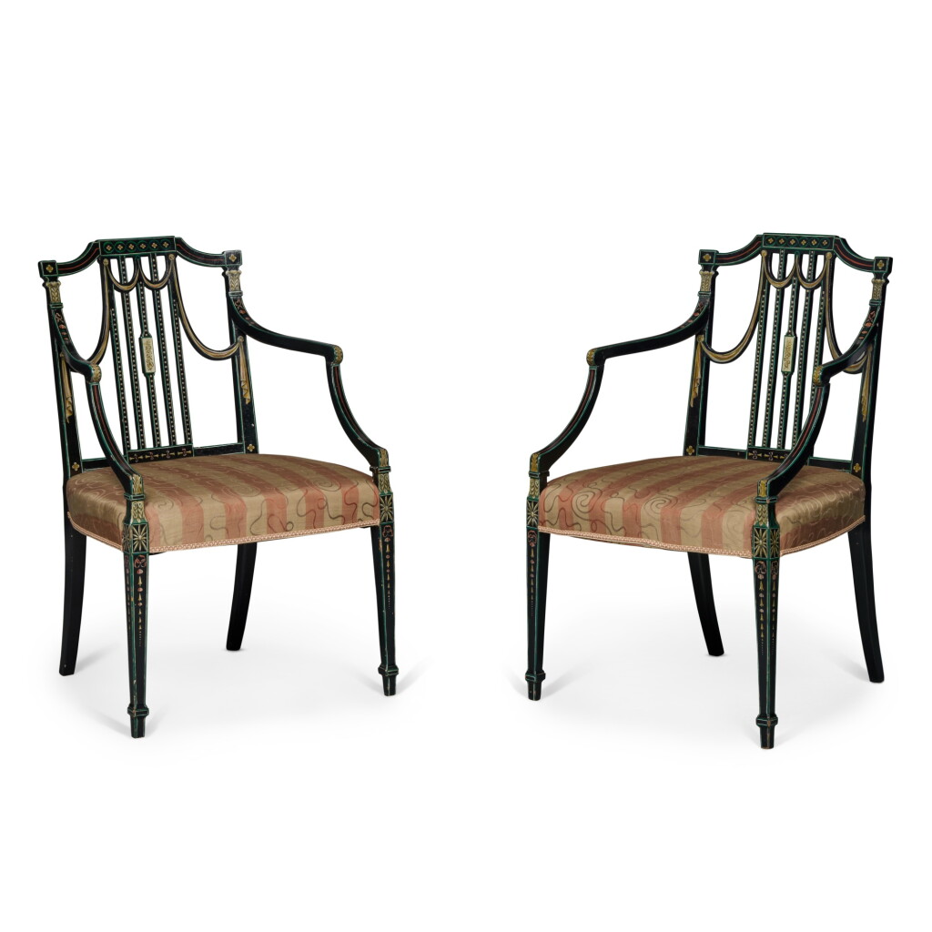 View full screen - View 1 of Lot 381. A Pair of George III Painted and Ebonized Armchairs, Late 18th Century .