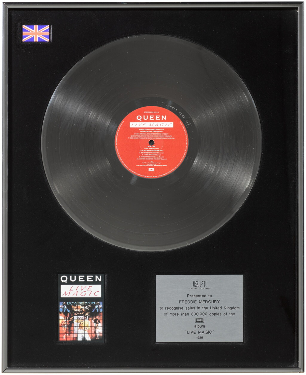 View full screen - View 1 of Lot 2255. Queen – Freddie Mercury's BPI sales award for Live Magic.