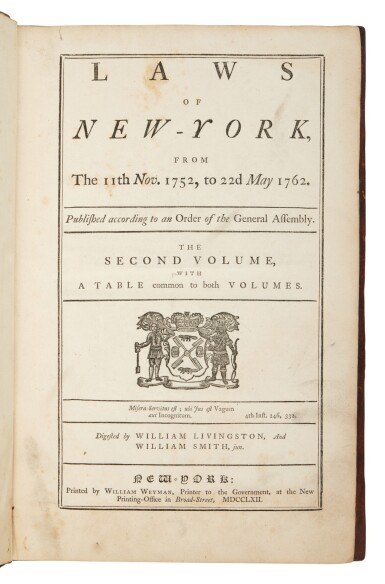 View full screen - View 1 of Lot 1016. (New York Laws) — William Smith and William Livingston (eds.) | First digest of colonial New York’s statutes.