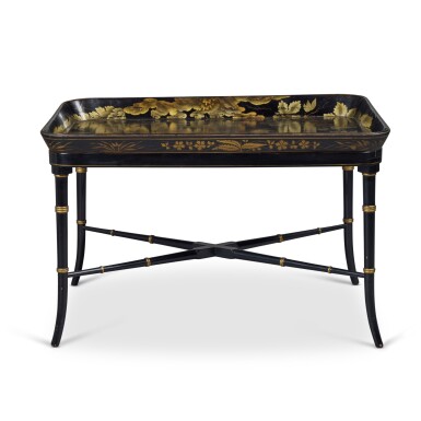 View full screen - View 1 of Lot 467. A Late Regency Papier Mâché Tray , Circa 1815, on a Later Stand.