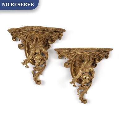 View full screen - View 1 of Lot 217. A PAIR OF LOUIS XV STYLE CARVED GILTWOOD BRACKETS.