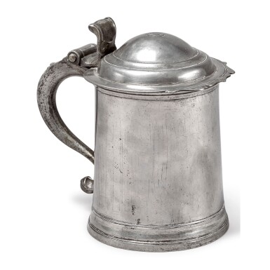 View full screen - View 1 of Lot 1631. VERY FINE AND RARE DOME-TOP PEWTER TANKARD, JOHN WILL (1696-1774), NEW YORK, CIRCA 1760.