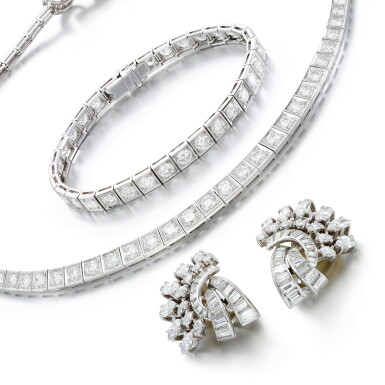 View full screen - View 1 of Lot 186. Diamond necklace, 1950s, pair of diamond ear clips 1950s, and a diamond bracelet.