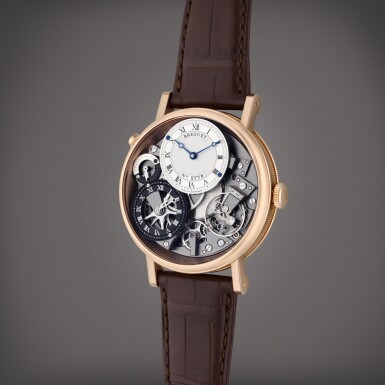 View full screen - View 1 of Lot 171. Reference 7067 Tradition GMT | A pink gold semi-skeletonized dual time wristwatch Day/Night indication, Circa 2021.