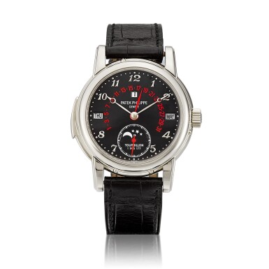 View full screen - View 1 of Lot 2209. Reference 5016 | A possibly unique white gold minute repeating perpetual calendar tourbillon wristwatch with day, retrograde date, moon phases, leap year indication, black dial and red accents, Circa 2012 | 百達翡麗 | 型號5016 | 應為獨一無二白金三問萬年曆陀飛輪腕錶,備逆跳日期、星期、月相、閏年顯示,黑色錶盤及紅色鑲刻,約2012年製.