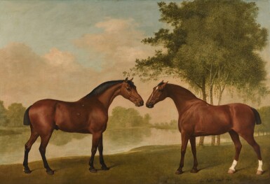 View full screen - View 1 of Lot 28. Two bay hunters communing on the bank of a lake.