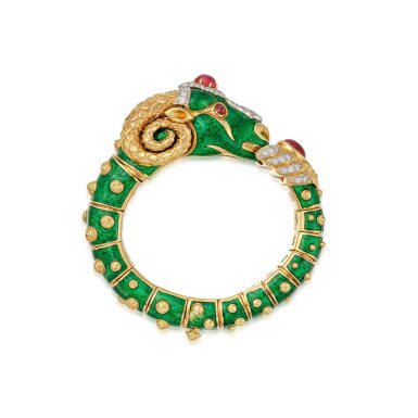 View full screen - View 1 of Lot 171. Gold, Enamel, Ruby and Diamond Bracelet.