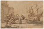 A harbor scene with men arguing over a fish; possibly the Miracle of the coin in the fish's mouth