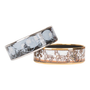 View full screen - View 1 of Lot 71. Hermès Set of Two Horse and Carriage Themed Wide Printed Enamel Bracelets Size PM (65).