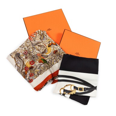 View full screen - View 1 of Lot 451. Set of Two: Noir, Crème and Gold "Toujours Brides de Gala" Carrée 90 in Silk and Orange Cuit, Naturel et Vert Triangle Jungle Love in Silk and Cachemire.