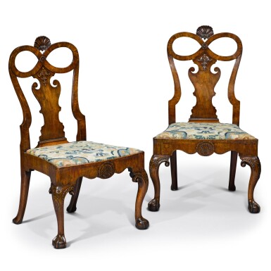 View full screen - View 1 of Lot 17. A pair of George II carved walnut side chairs, circa 1730-40.