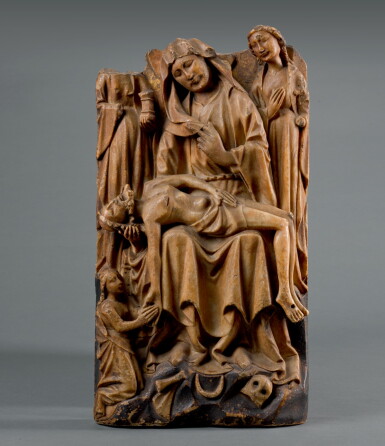View full screen - View 1 of Lot 85. ENGLISH, PROBABLY NOTTINGHAM, 15TH CENTURY | RELIEF WITH THE LAMENTATION OVER THE DEAD CHRIST.