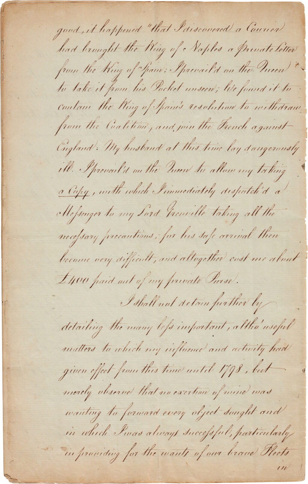 View full screen - View 1 of Lot 192. Emma, Lady Hamilton | Manuscript memorandum recounting her services to the British in Naples, 1813.