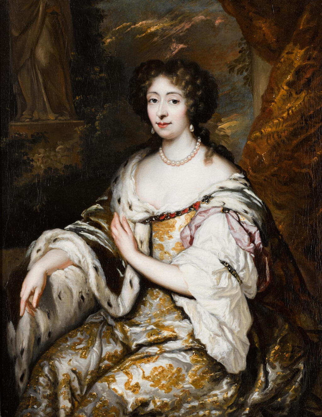 View full screen - View 1 of Lot 36. CONSTANTIJN NETSCHER | A portrait of Maria Mancini (1639-1715), three-quarter length, wearing a gold embroidered dress and ermine cloak, seated before a curtain and a classical landscape.