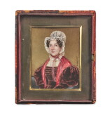 GEORGE HARVEY | MINIATURE PORTRAIT OF A WOMAN IN A BURGUNDY DRESS WITH WHITE LACE BONNET