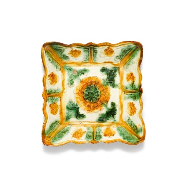 View full screen - View 1 of Lot 216. A sancai-glazed 'chrysanthemum' square dish, Liao dynasty | 遼 三彩團花紋方盤.