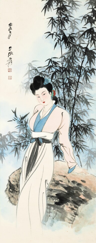 View full screen - View 1 of Lot 3115. ZHANG DAQIAN 張大千 | LADY BY THE BAMBOO GROVE 新篁仕女.
