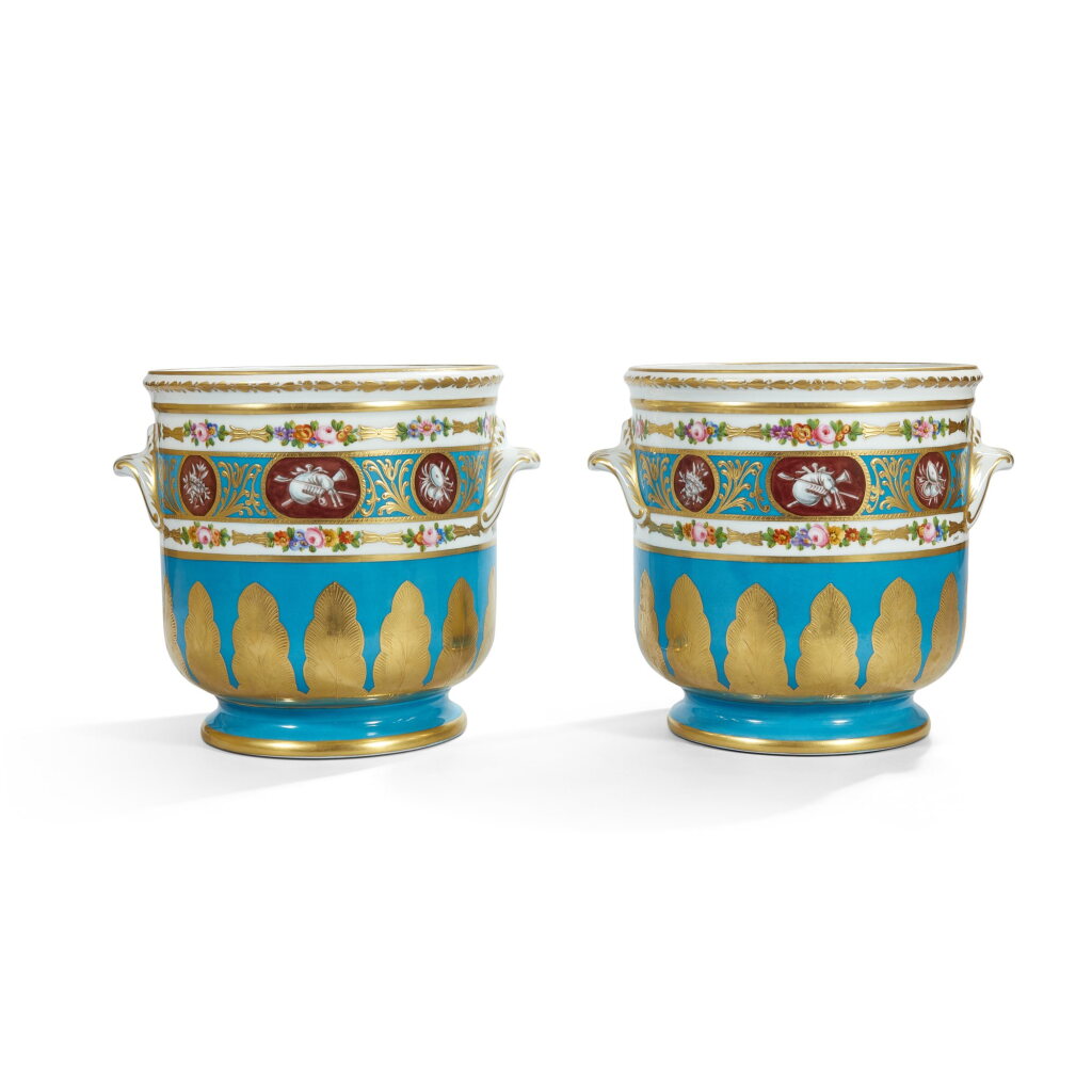 View full screen - View 1 of Lot 1210. A pair of French porcelain Sèvres-style turquoise-ground large bottle coolers, 20th century.