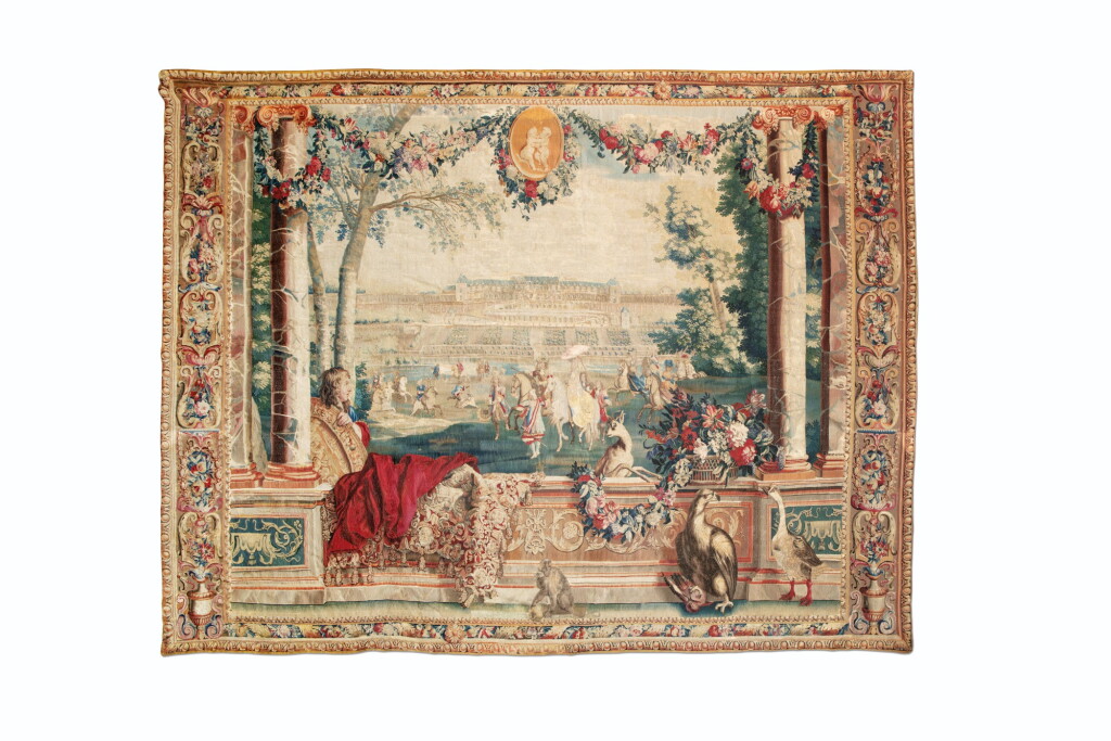 View full screen - View 1 of Lot 68. A GOBELINS ROYAL MANUFACTURE TAPESTRY, SERIES OF "MAISONS ROYALES", DEPICTING THE SAINT- GERMAIN LE NEUF CASTLE, LOUIS XIV, AFTER A DESIGN BY CHARLES LE BRUN | TAPISSERIE DES MOIS ALLÉGORIQUES DE LA MANUFACTURE DES GOBELINS, SÉRIE DES MAISONS ROYALES, REPRÉSENTANT LE CHÂTEAU SAINT GERMAIN LE NEUF, ÉPOQUE LOUIS XIV, D'APRÈS UN CARTON DE CHARLES LE BRU.