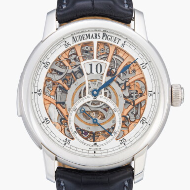 View full screen - View 1 of Lot 220. Jules Audemars Répetition Minute Heure Sautante, Reference 26356PT.OO.D028CR.01 | A platinum skeletonized jumping hour minute repeating wristwatch | Circa 2017.