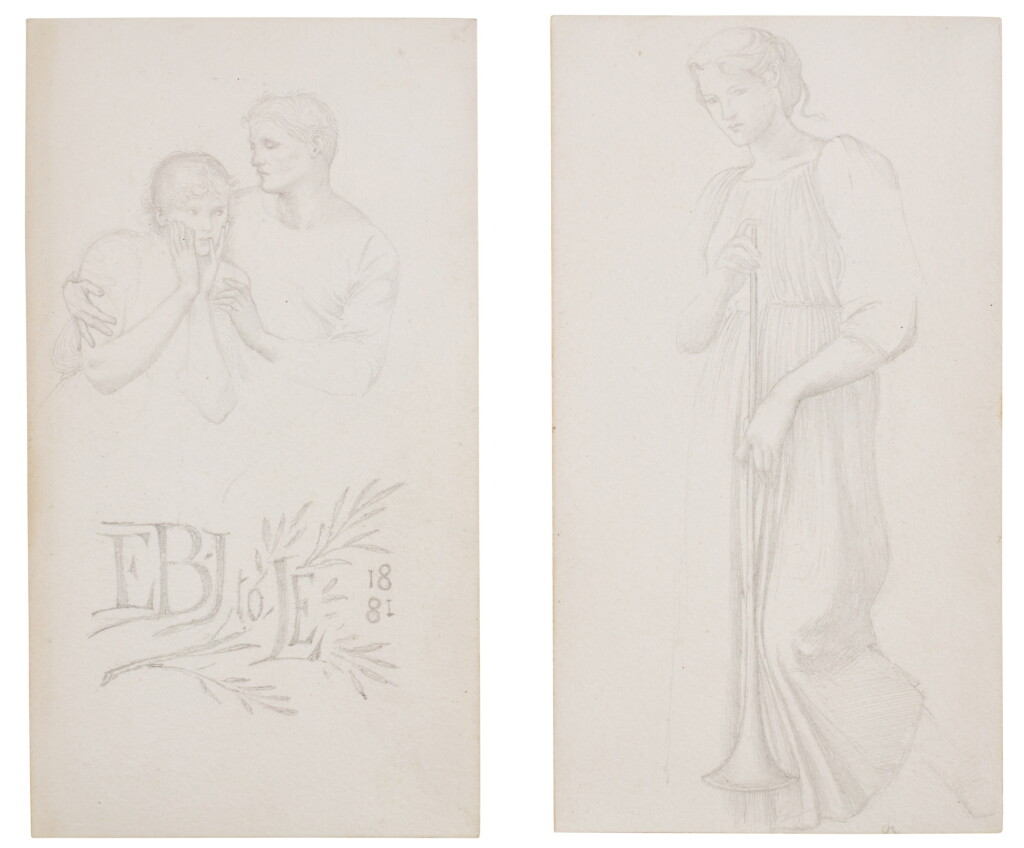 View full screen - View 1 of Lot 64. Two pages in one frame of studies, comprising a study of two figures embracing, a study for 'The Golden Stairs' (recto), a study of a pair of legs for 'The Golden Stairs' (verso).