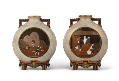 View full screen - View 1 of Lot 309. A PAIR OF ROYAL WORCESTER 'CERAMIC PRODUCTION' MOON FLASKS, CIRCA 1872-76.