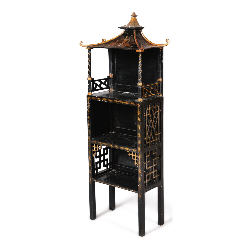 View full screen - View 1 of Lot 132. A PAGODA-FORM BLACK AND GOLD JAPANNED ETAGERE, FIRST HALF 19TH CENTURY.