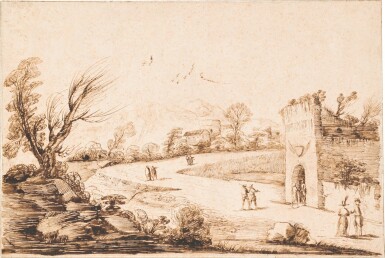 View full screen - View 1 of Lot 39. GIOVANNI FRANCESCO BARBIERI, CALLED GUERCINO | AN EXTENSIVE LANDSCAPE WITH A WINDING ROAD, SEVERAL FIGURES AND AN ELEGANT COUPLE IN THE FOREGROUND.