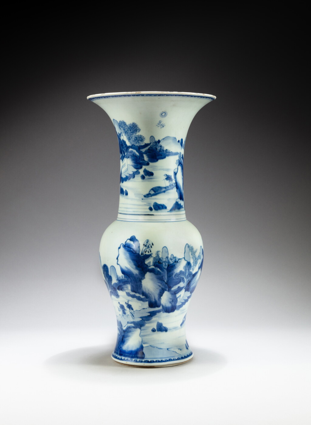 View full screen - View 1 of Lot 82. A blue and white 'landscape' yenyen vase, Qing dynasty, Kangxi period | 清康熙 青花湖山漁隱圖鳳尾尊.