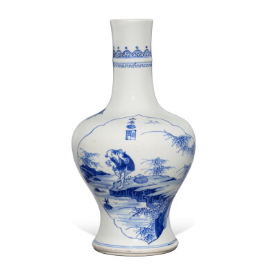 View full screen - View 1 of Lot 504. A blue and white 'figural' vase, Qing dynasty, Kangxi period | 清康熙 青花開光人物圖瓶.