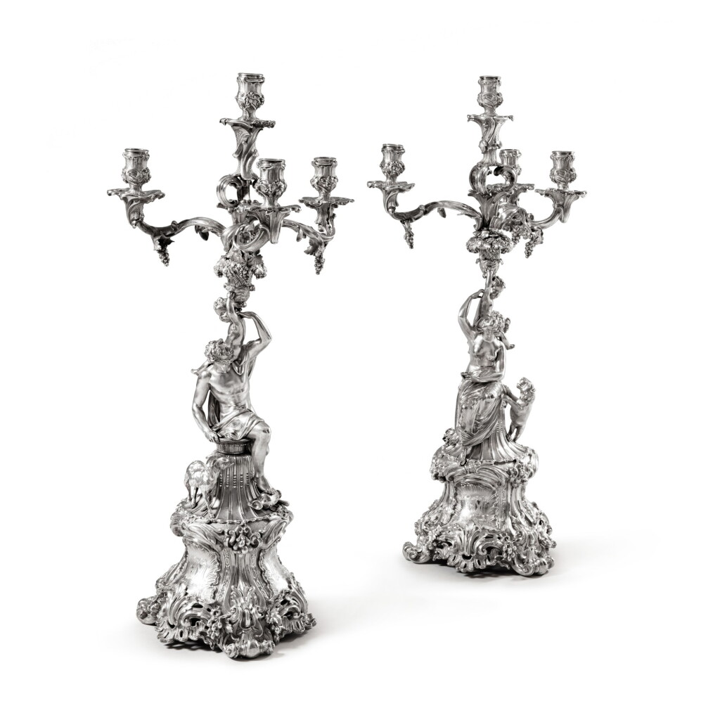 View full screen - View 1 of Lot 896. A pair of Victorian silver four-light candelabra, Robert Garrard, London, 1837.