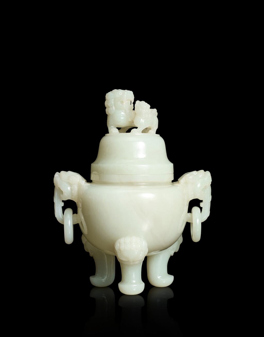 View full screen - View 1 of Lot 3923. A white jade 'lion' tripod incense burner and cover, Early 20th century | 二十世紀初 白玉太獅少獅鈕活環獸耳三足蓋爐.